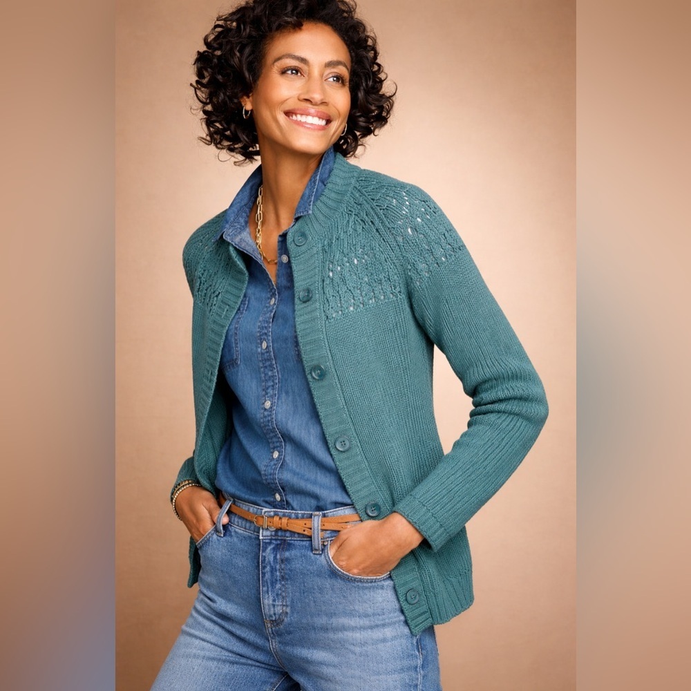 NWT Talbots Petite Small Green Pointelle Knit Button-Front Cardigan
